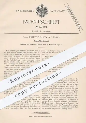 original Patent - Preusse & Co. in Leipzig , 1890 , Papierfalz - Apparat | Papier , Papierfabrik , Druck , Buchdruck !!!