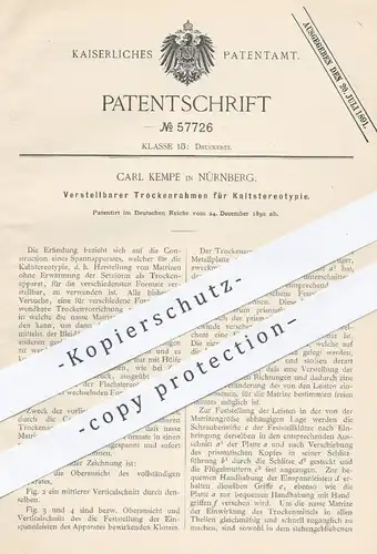 original Patent - Carl Kempe , Nürnberg , 1890 , Trockenrahmen für Kaltstereotypie | Druck , Buchdruck , Druckerei !!