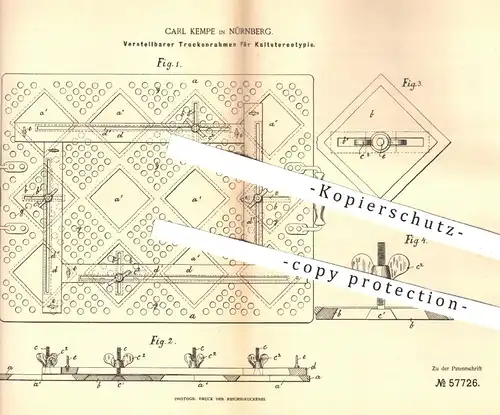 original Patent - Carl Kempe , Nürnberg , 1890 , Trockenrahmen für Kaltstereotypie | Druck , Buchdruck , Druckerei !!