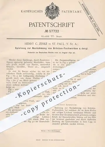 original Patent - Henry C. Zenke , St. Paul , USA , 1890 , Brücken - Fachwerk als Spielzeug | Modellbau , Brücke !!!