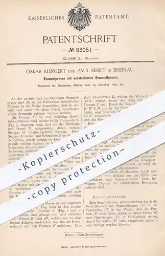 original Patent - Oskar Klingert , Paul Semft , Breslau , 1894 , Presse für Brot , Brötchen , Semmel | Bäcker , Bäckerei