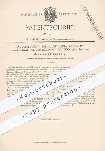 original Patent - A. J. und H. Schlaadt / George Sudden Barton , Dunedin , Neuseeland , 1884 , Wasserkraftmaschine !!!