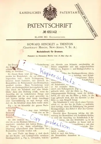 original Patent -  Howard Hinckley in Trenton , 1892 , Nachstellwerk für Bremsen !!!
