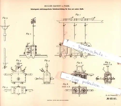 original Patent - Hugues Daviot in Paris , 1892 , Schwingende Scheidevorrichtung für Erze und andere Stoffe !!!