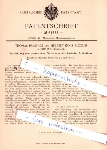 original Patent - Thomas Humpage und Herbert Jaques in Bristol , England , 1892 , Mechanische Metallbearbeitung !!!