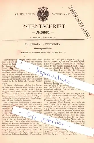 original Patent - Th. Ekholm in Stockholm , 1883 , Mischungsventilhahn , Wasserleitung !!!