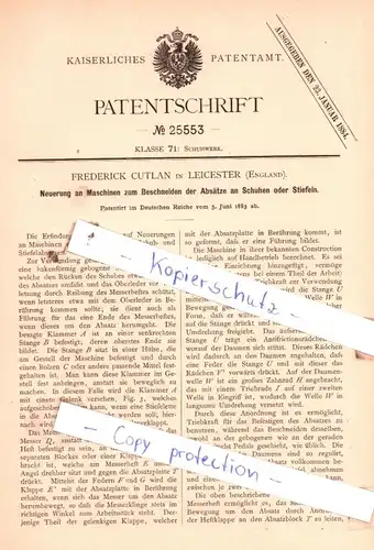 original Patent - Frederick Cutlan in Leicester , England , Schuhwerk, Beschneiden der Absätze !!!
