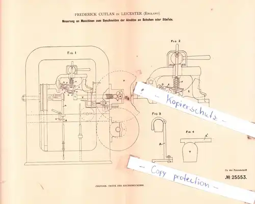 original Patent - Frederick Cutlan in Leicester , England , Schuhwerk, Beschneiden der Absätze !!!