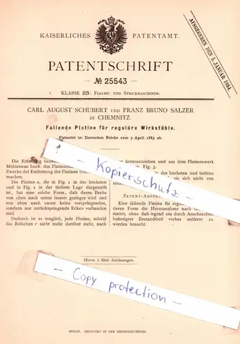 original Patent - C. A. Schubert und F. B. Salzer in Chemnitz , 1883 ,Fallende Platine für Wirkstühle !!!
