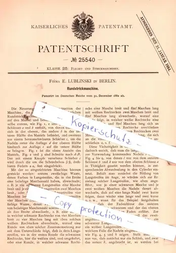 original Patent - Firma E. Lublinski in Berlin , 1882 , Rundstrickmaschine !!!