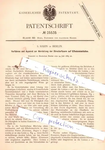 original Patent - S. Hahn in Berlin , 1883 , Herstellung der Structurfasern auf Elfenbeinimitation !!!