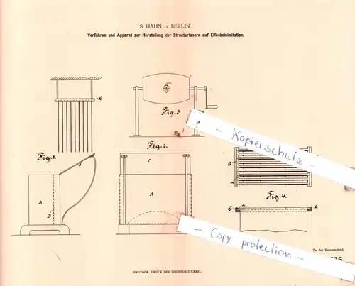 original Patent - S. Hahn in Berlin , 1883 , Herstellung der Structurfasern auf Elfenbeinimitation !!!