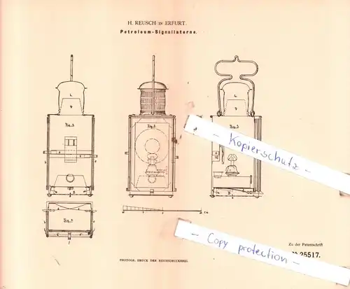 original Patent - H. Reusch in Erfurt , 1883 , Petroleum- Signallaterne !!!