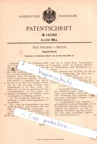 original Patent - Max Teschke in Berlin , 1902 ,  Doppelschlüssel !!!