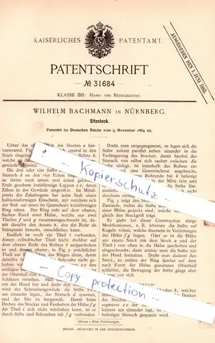 original Patent - Wilhelm Bachmann in Nürnberg , 1884 , Hand- und Reisegeräthe !!!