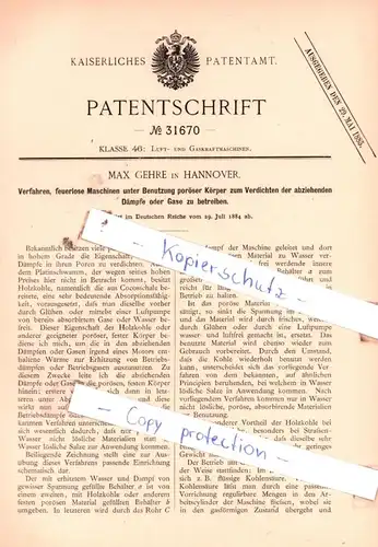 original Patent - Max Gehre in Hannover , 1884 , Luft- und Gaskraftmaschinen !!!