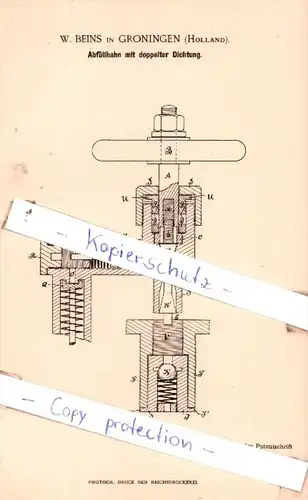 Original Patent  - W. Beins in Groningen , Holland , 1890 , Abfüllhahn mit doppelter Dichtung !!!
