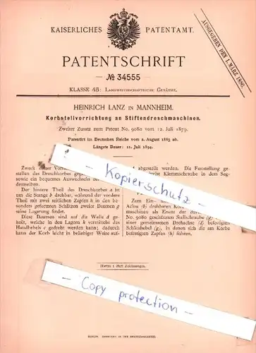 Original Patent  - H. Lanz in Mannheim , 1885 , Korbstellvorrichtung an Stiftendreschmaschinen !!!