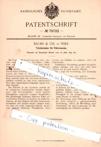 Original Patent  - Baums & Cie. in Trier , 1894 , Trichterhalter für Filtrirzwecke !!!