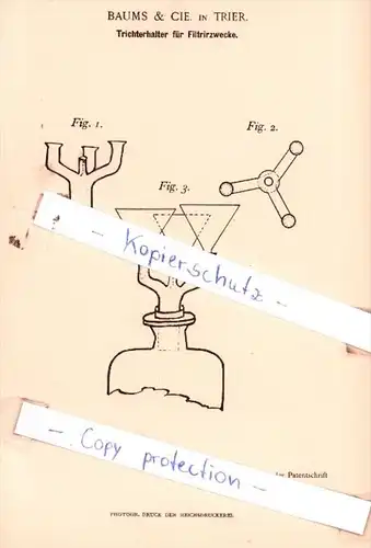 Original Patent  - Baums & Cie. in Trier , 1894 , Trichterhalter für Filtrirzwecke !!!