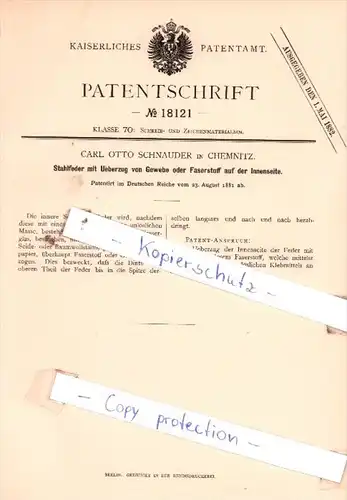 Original Patent  - Carl Otto Schnauder in Chemnitz , 1881 , Schreib- und Zeichenmaterialien !!!