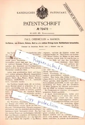 Original Patent  -  Paul Obermüller in Barmen , 1892 , Korbflechterei !!!