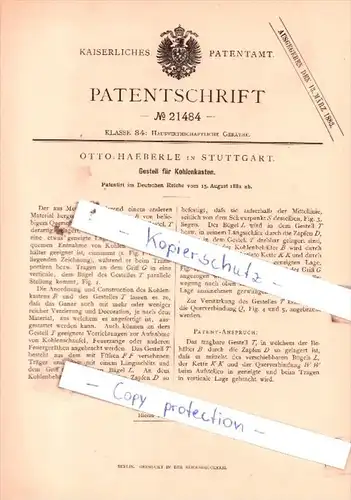 Original Patent  - Otto Haeberle in Stuttgart , 1882 , Gestell für Kohlenkasten !!!