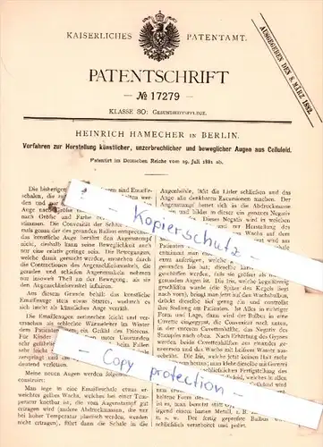 Original Patent  - Heinrich Hamecher in Berlin , 1881 , Gesundheitspflege !!!
