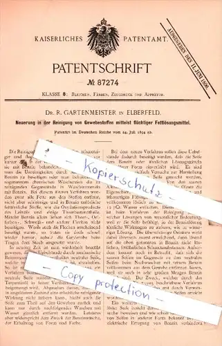 Original Patent  - Dr. R. Gartenmeister in Elberfeld , 1894 , Reinigung von Gewebestoffen !!!