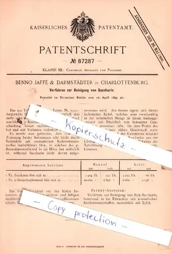 Original Patent  - Benno Jaffè & Darmstädter in Charlottenburg , 1895 , Reinigung von Saccharin !!!