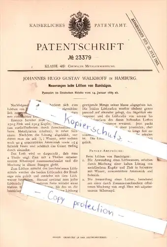 Original Patent  - J. Hugo Gustav Walkhoff in Hamburg , 1883 , Löthen von Bandsägen !!!