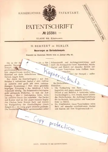 Original Patent  - H. Bernert in Berlin , 1883 , Kurzwaaren !!!