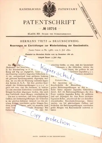 Original Patent  - Hermann Tietz in Braunschweig , 1881 , Zucker- und Stärkefabrikation !!!