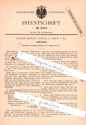 Original Patent  - Peter Gerion Oster in Köln a. Rh. , 1881 , Leinöl-Ersatz !!!