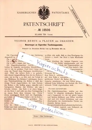 Original Patent  - Teodor Remus in Plauen bei Dresden , 1881 , Tabak !!!