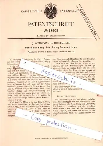 Original Patent  - J. Weidtman in Dortmund  , 1881 ,  Umsteuerung für Dampfmaschinen !!!
