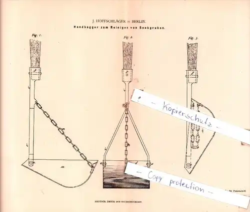 Original Patent  - J. Hoffschläger in Berlin , 1882 , Handbagger zum Reinigen von Senkgruben !!!