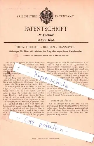Original Patent  - Herm. Fiedeler in Döhren b. Hannover , 1900 , Rollenlager für Räder !!!
