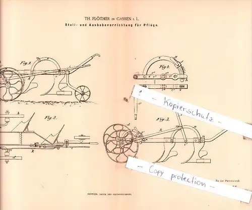 Original Patent  - Th. Flöther in Gassen i. L. , 1885 , Stell- und Aushebevorrichtung für Pflüge !!!
