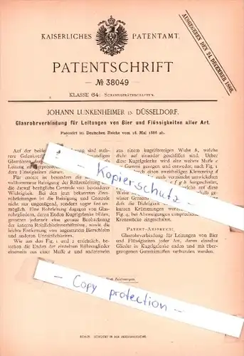 Original Patent  - J. Lunkenheimer in Düsseldorf , 1886 , Glasrohrverbindung für Leitungen von Bier !!!