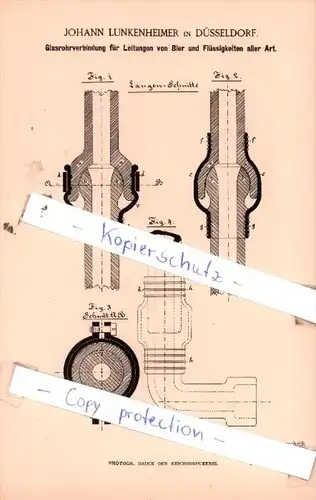 Original Patent  - J. Lunkenheimer in Düsseldorf , 1886 , Glasrohrverbindung für Leitungen von Bier !!!