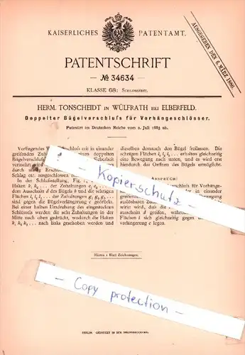 Original Patent  - Herm. Tonscheid in Wülfrath bei Elberfeld , 1885 , Schlosserei !!!