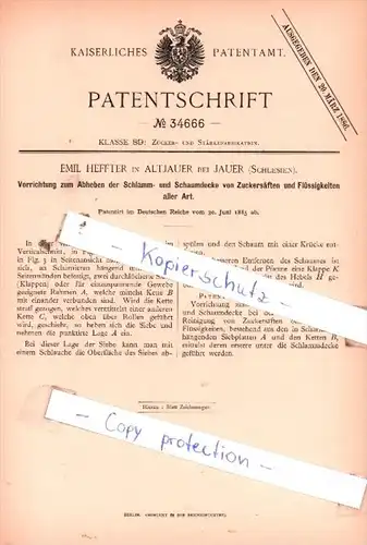 Original Patent  - E. Heffter in Altjauer bei Jauer , Schlesien , 1885 , Zuckerfabrikation !!!