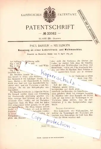 Original Patent  - Paul Bantlin in Reutlingen , 1885 , Gerberei !!!