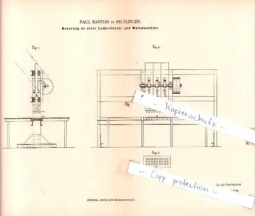 Original Patent  - Paul Bantlin in Reutlingen , 1885 , Gerberei !!!