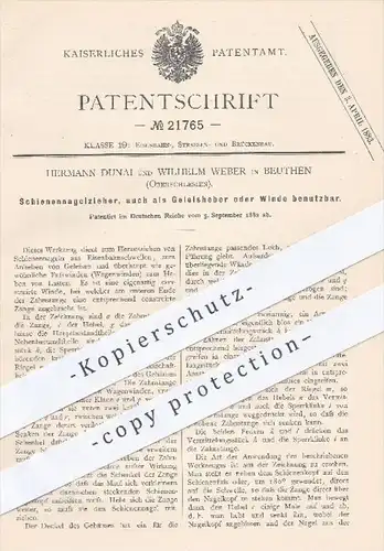 original Patent - H. Dunai , W. Weber , Beuthen Oberschlesien , 1882 , Schienennagelzieher , auch Gleisheber o. Winde !!
