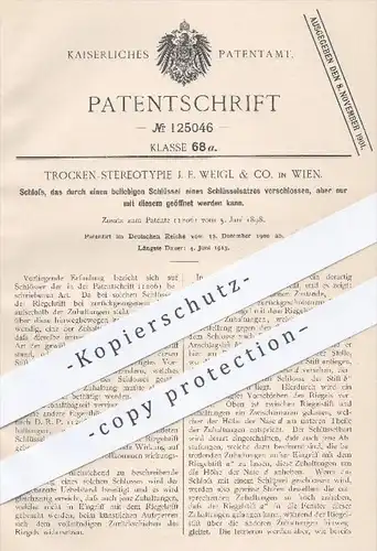 original Patent - Trocken Stereotypie J. E. Weigl & Co. in Wien , 1900 , Schloss mit Schlüssel , Türschloss , Tür !!!