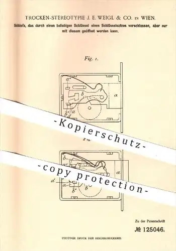 original Patent - Trocken Stereotypie J. E. Weigl & Co. in Wien , 1900 , Schloss mit Schlüssel , Türschloss , Tür !!!