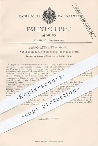 original Patent - Benno Altmann in Hanau , 1890 , Aufschneidbarer Weichenspitzenverschluss , Eisenbahn , Weichen , Bahn