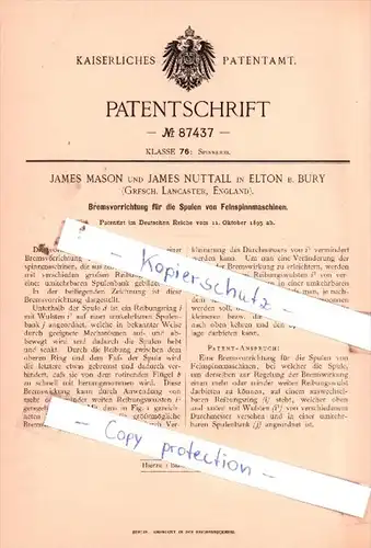 Original Patent  - James Mason und James Nuttall in Elton b. Bury , 1895 , Spinnerei !!!